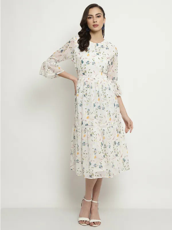 Mettle Floral Printed Bell Sleeve A-Line Midi Dress