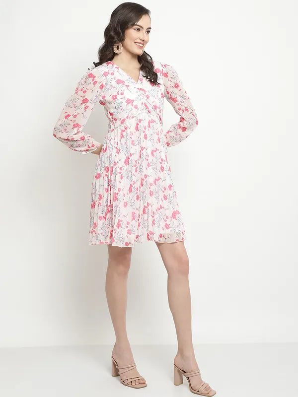 Mettle Floral Printed Puff Sleeve Fit Flare Dress