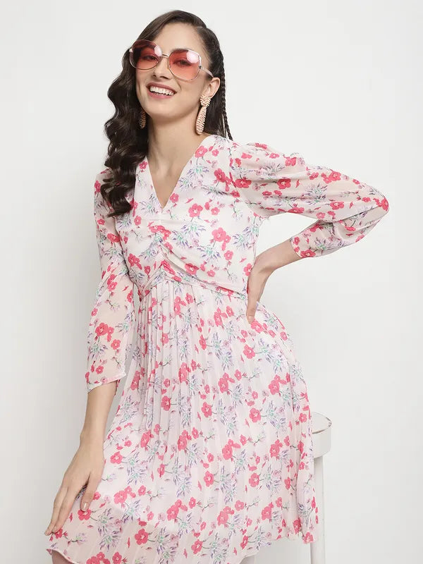 Mettle Floral Printed Puff Sleeve Fit Flare Dress