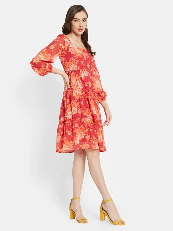 Square Neck Floral Print Three Tier Dress