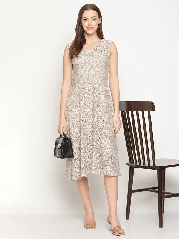 Mettle Beige Floral A-Line Cotton Midi Dress