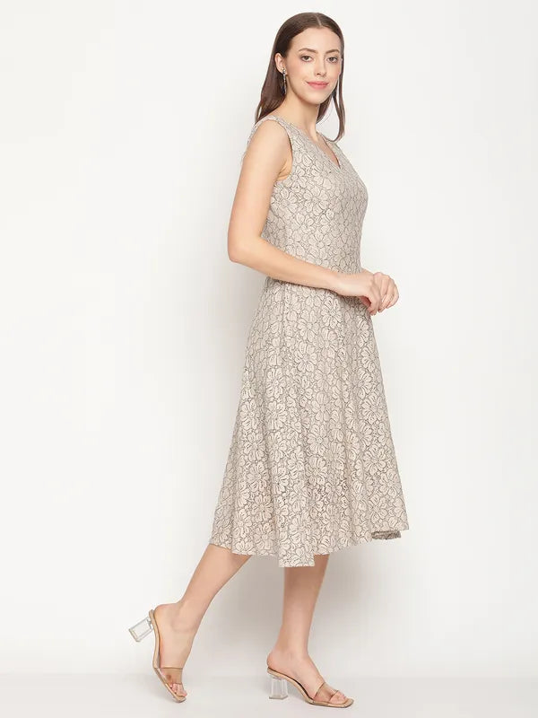 Mettle Beige Floral A-Line Cotton Midi Dress