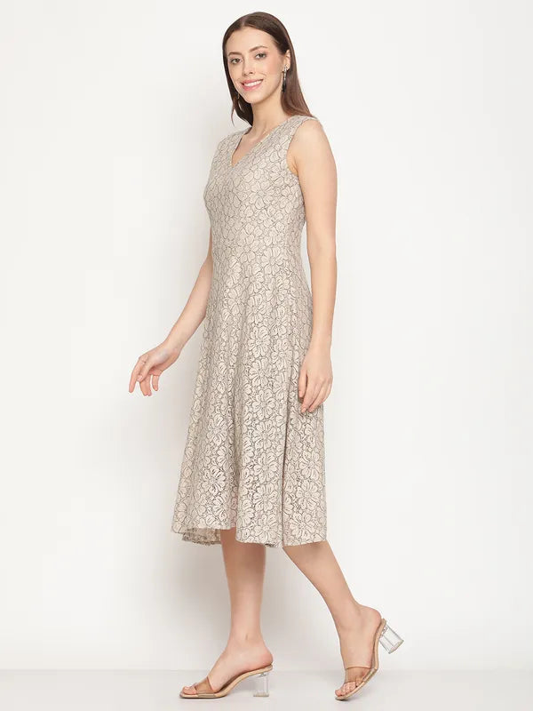 Mettle Beige Floral A-Line Cotton Midi Dress