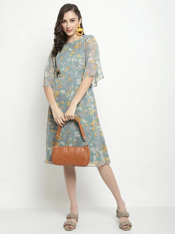 Mettle Floral Printed Flared Sleeve A-Line Dress