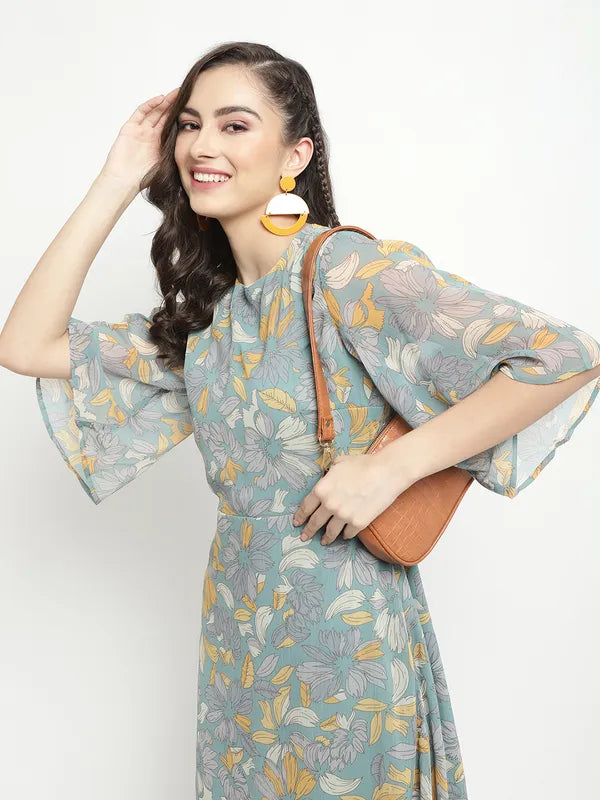 Mettle Floral Printed Flared Sleeve A-Line Dress