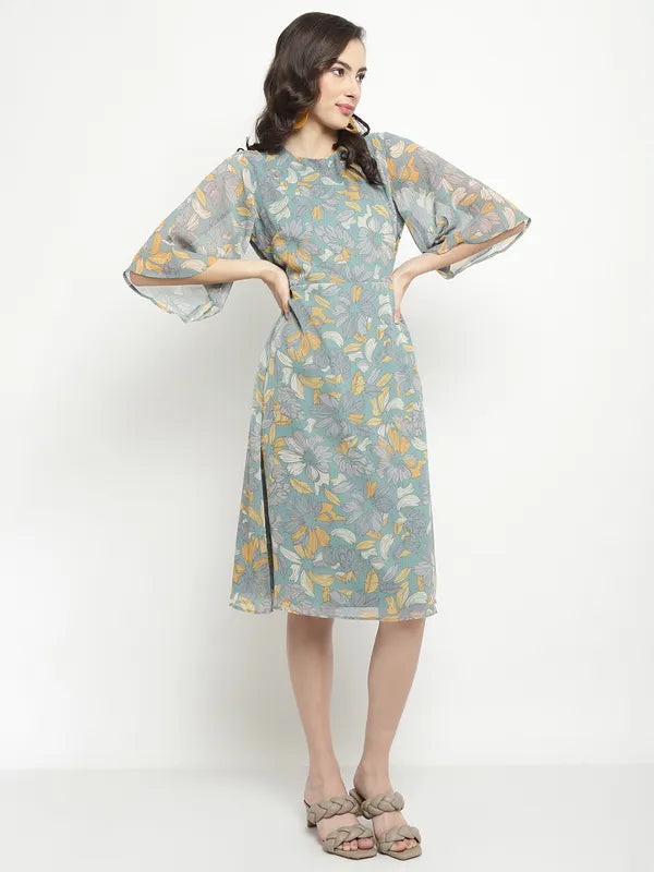 Mettle Floral Printed Flared Sleeve A-Line Dress