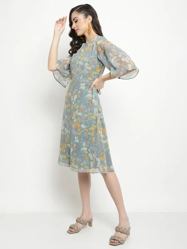 Mettle Floral Printed Flared Sleeve A-Line Dress