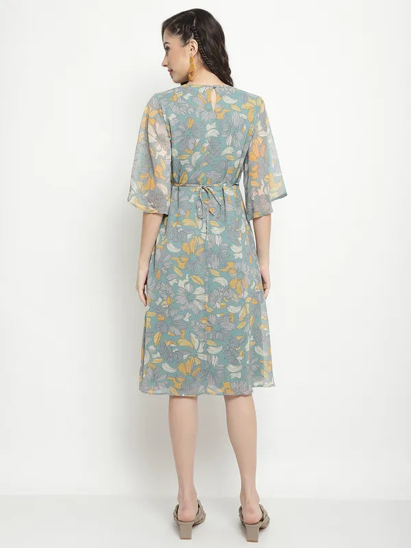 Mettle Floral Printed Flared Sleeve A-Line Dress