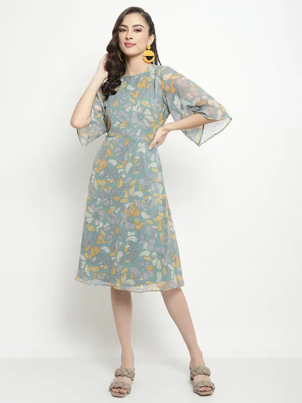 Mettle Floral Printed Flared Sleeve A-Line Dress