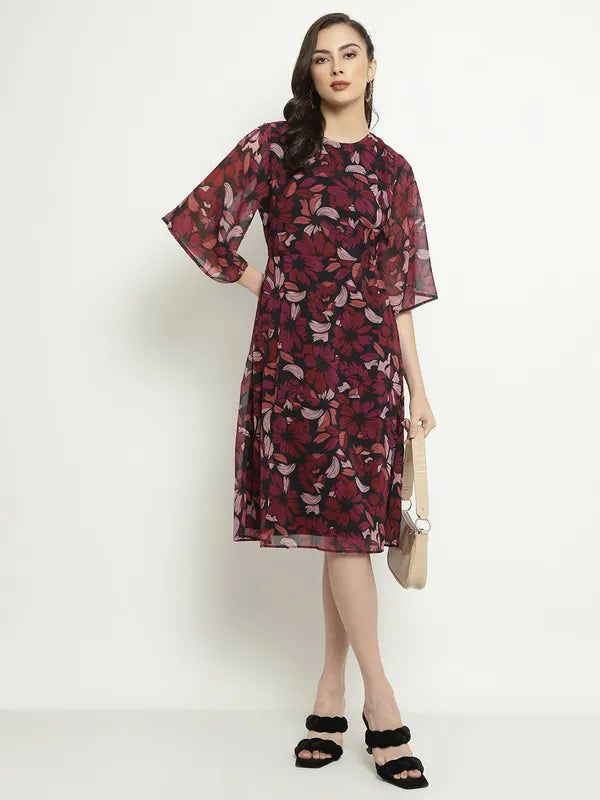 Mettle Floral Printed Flared Sleeves A-Line Dress