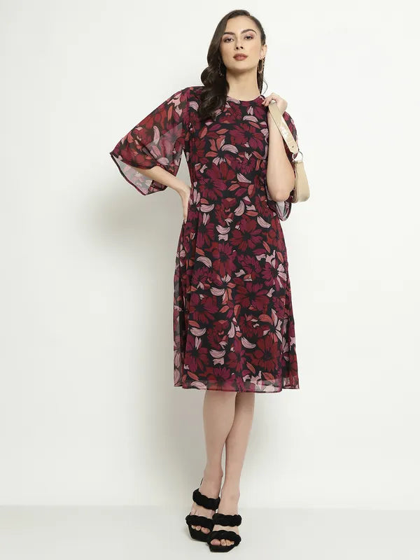 Mettle Floral Printed Flared Sleeves A-Line Dress