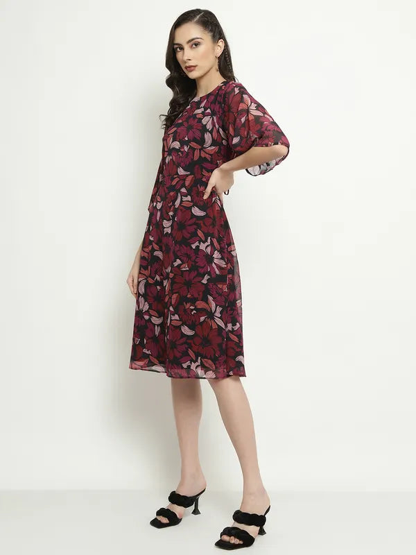 Mettle Floral Printed Flared Sleeves A-Line Dress