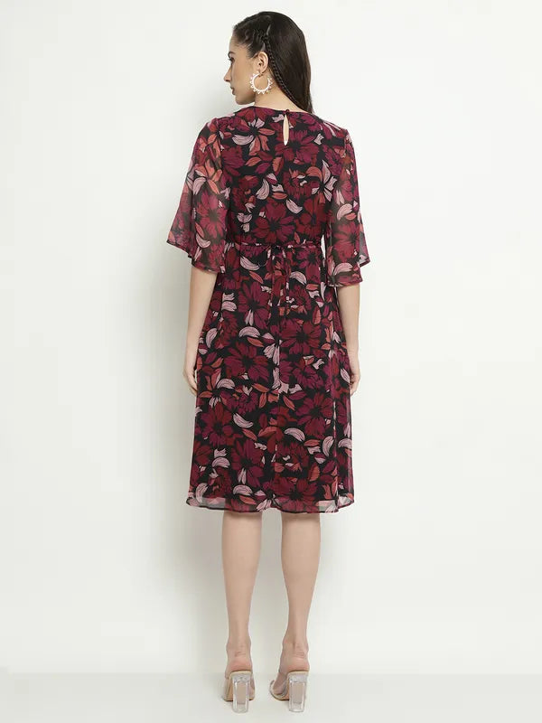 Mettle Floral Printed Flared Sleeves A-Line Dress