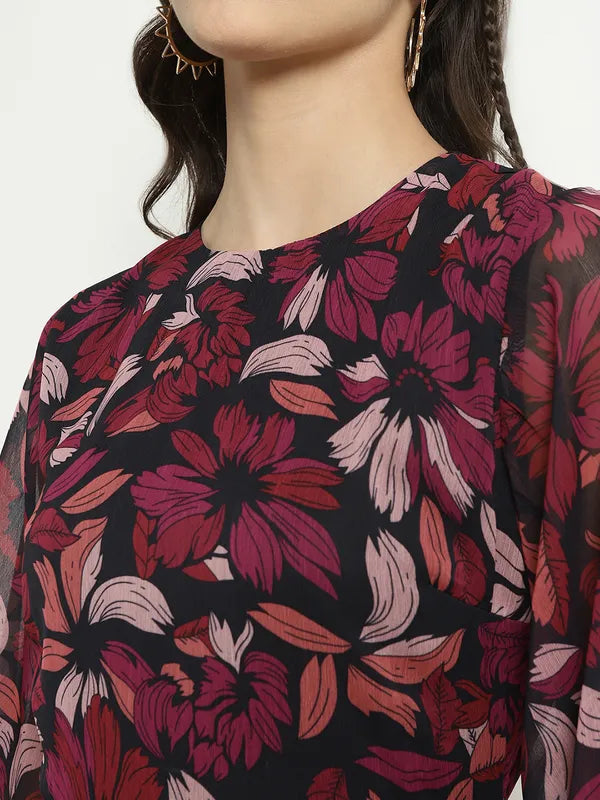 Mettle Floral Printed Flared Sleeves A-Line Dress