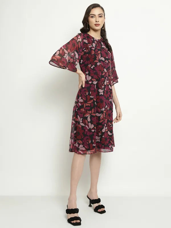 Mettle Floral Printed Flared Sleeves A-Line Dress