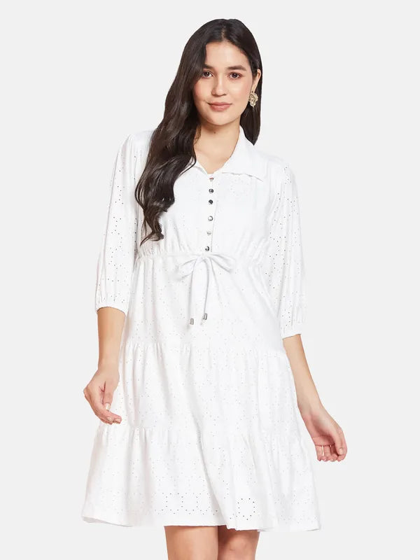 Mettle Self Design Shirt Collar Cotton Fit  Flare Dress