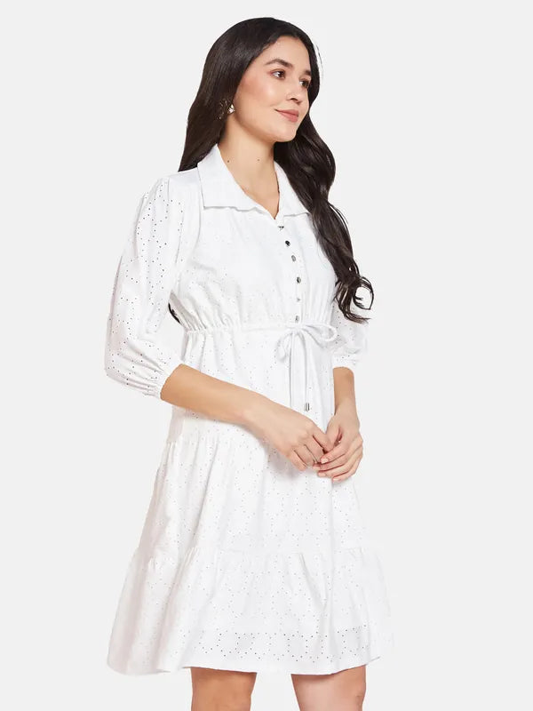 Mettle Self Design Shirt Collar Cotton Fit  Flare Dress