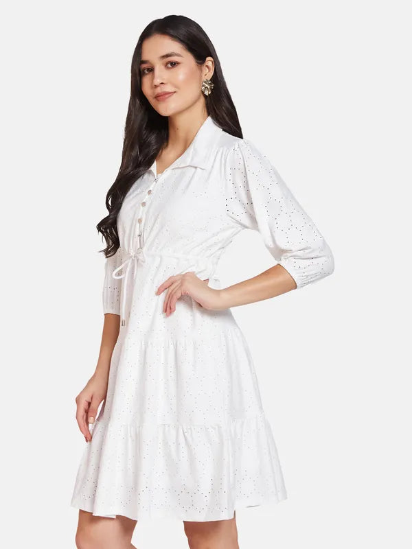 Mettle Self Design Shirt Collar Cotton Fit  Flare Dress