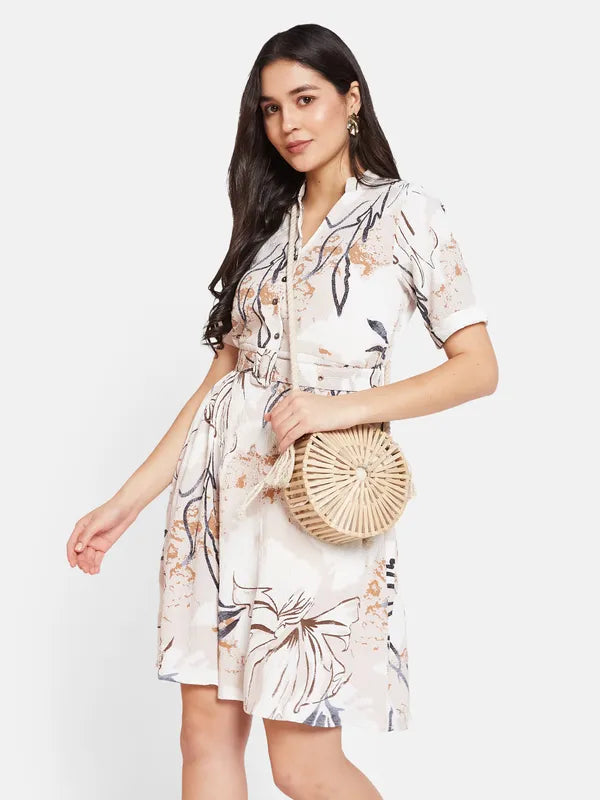 Mettle Floral Printed Mandarin Collar Cotton A-Line Dress