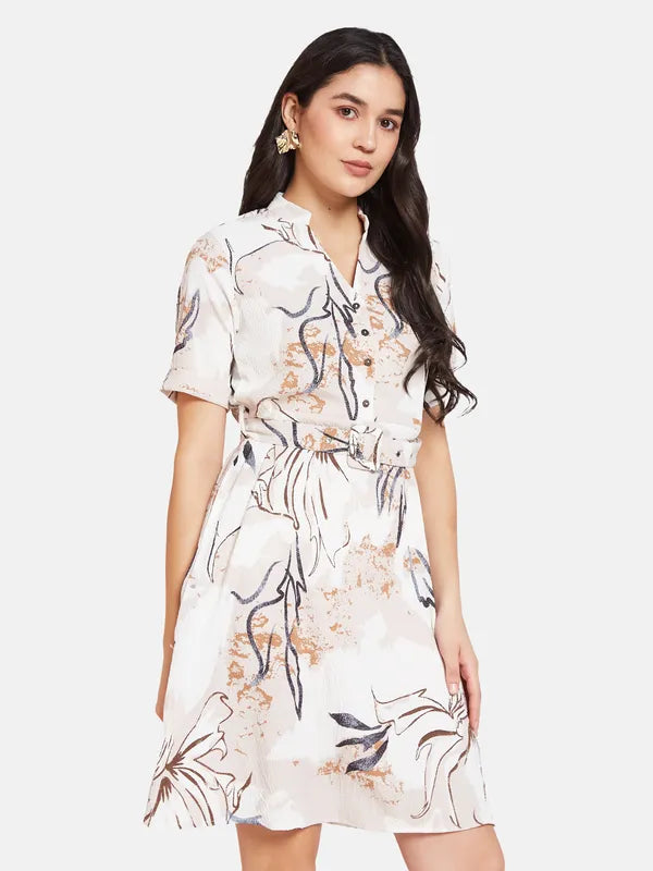 Mettle Floral Printed Mandarin Collar Cotton A-Line Dress