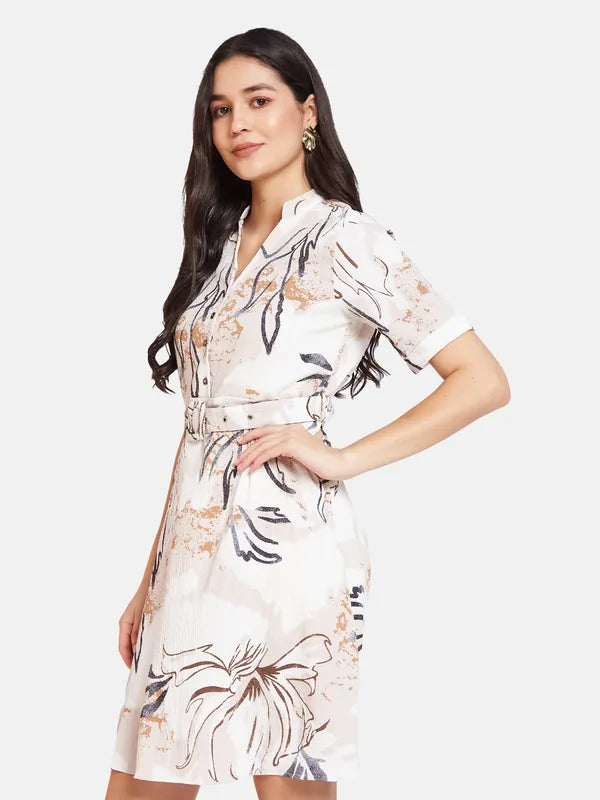 Mettle Floral Printed Mandarin Collar Cotton A-Line Dress