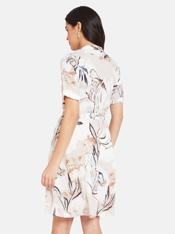 Mettle Floral Printed Mandarin Collar Cotton A-Line Dress