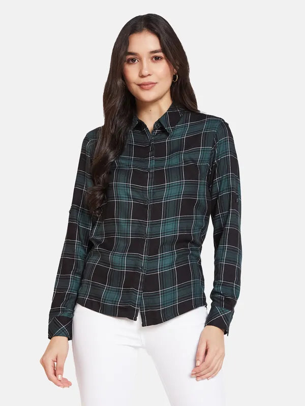 Mettle Spread Collar Tartan Checks Opaque Cotton Casual Shirt