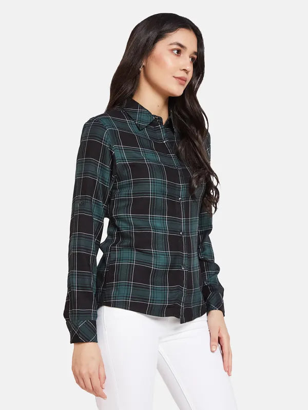 Mettle Spread Collar Tartan Checks Opaque Cotton Casual Shirt