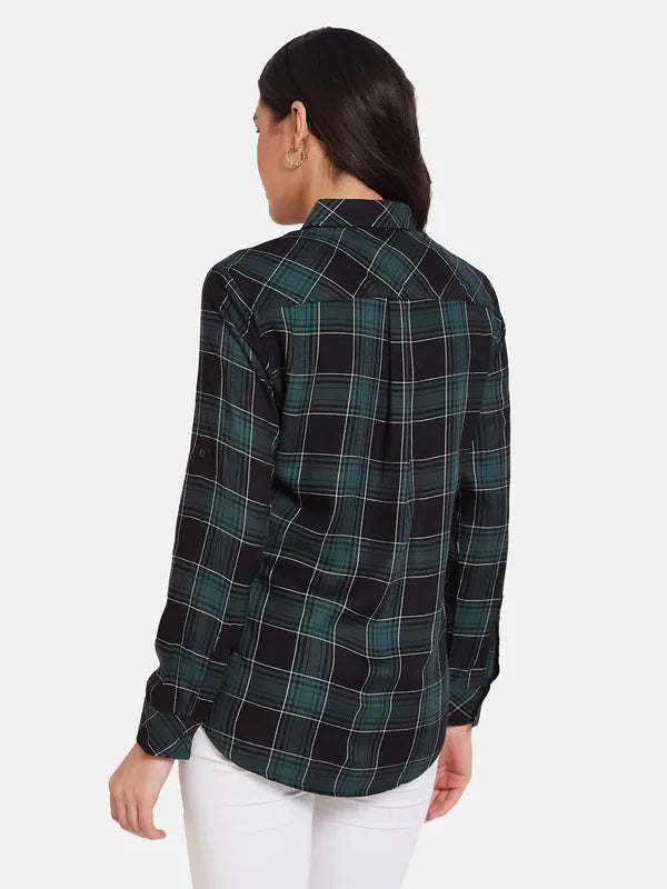 Mettle Spread Collar Tartan Checks Opaque Cotton Casual Shirt