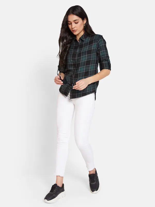 Mettle Spread Collar Tartan Checks Opaque Cotton Casual Shirt