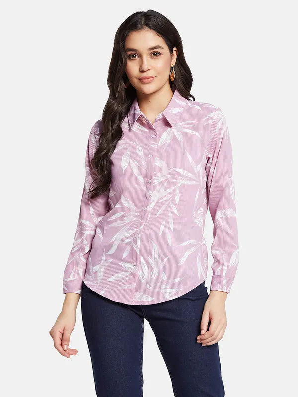 Mettle Women Tropical Printed Pinstripes Casual Shirt