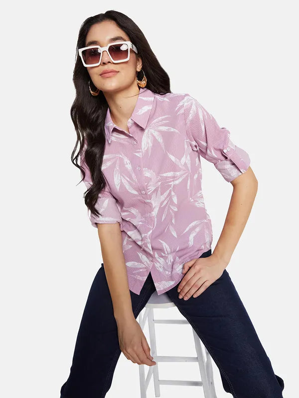 Mettle Women Tropical Printed Pinstripes Casual Shirt