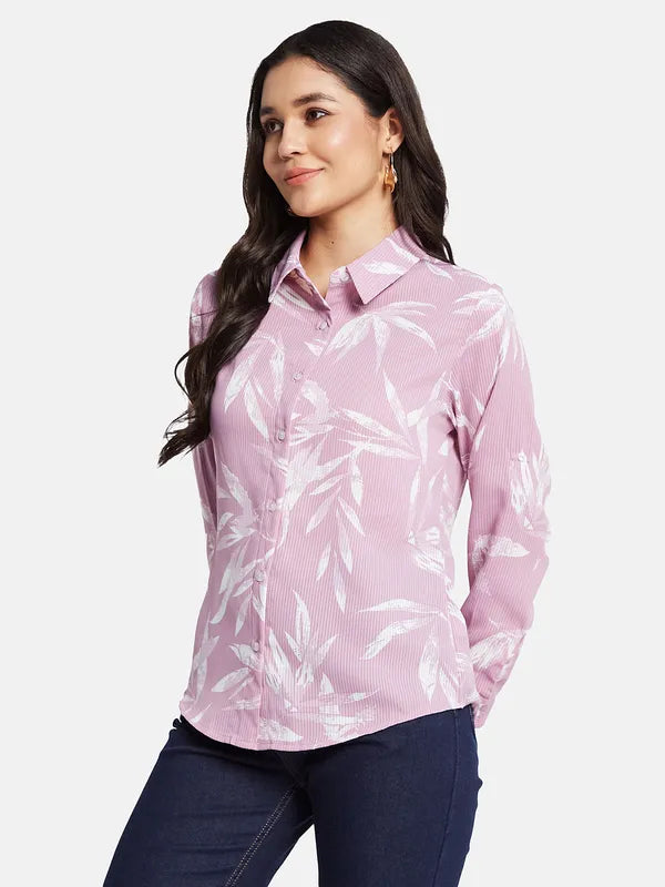 Mettle Women Tropical Printed Pinstripes Casual Shirt