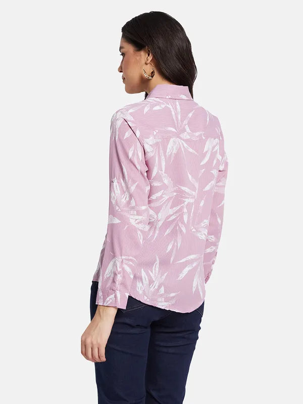 Mettle Women Tropical Printed Pinstripes Casual Shirt