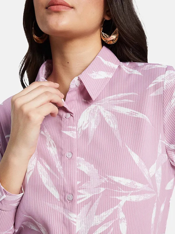 Mettle Women Tropical Printed Pinstripes Casual Shirt