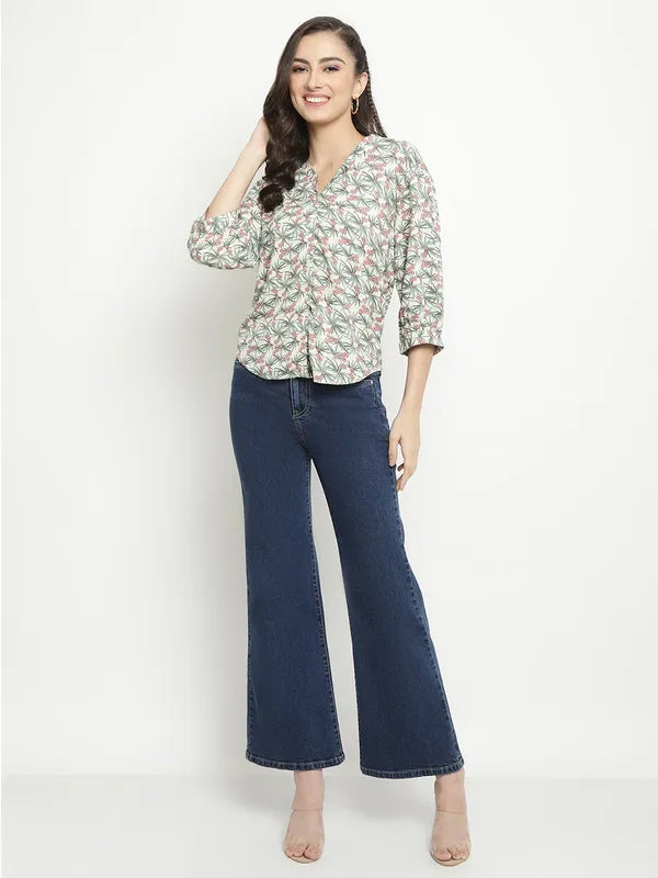 Mettle Floral Printed Collarless Long Sleeves Cotton Casual Shirt