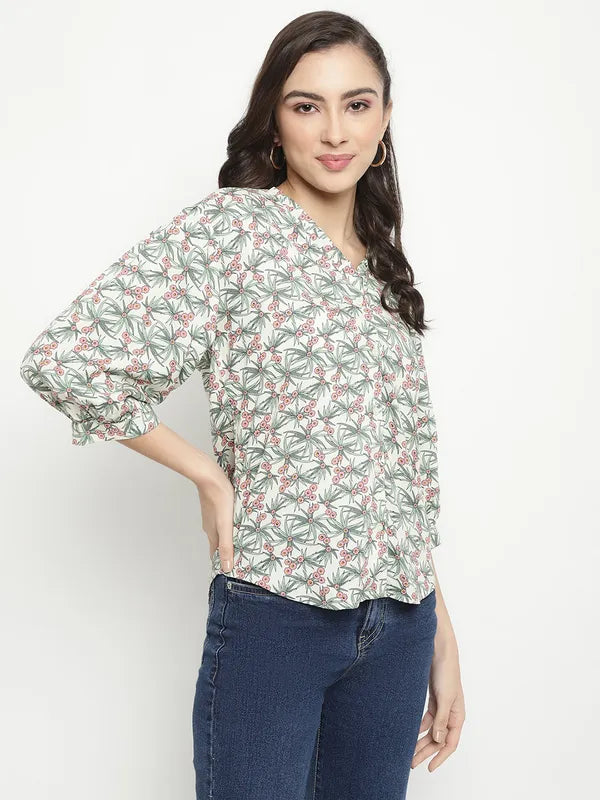 Mettle Floral Printed Collarless Long Sleeves Cotton Casual Shirt