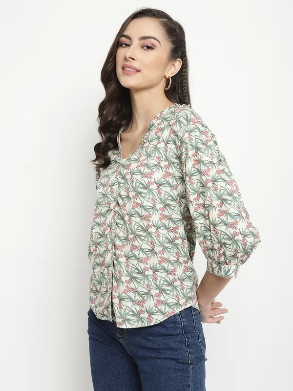 Mettle Floral Printed Collarless Long Sleeves Cotton Casual Shirt