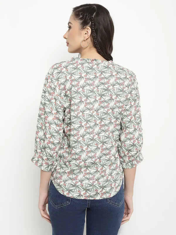 Mettle Floral Printed Collarless Long Sleeves Cotton Casual Shirt