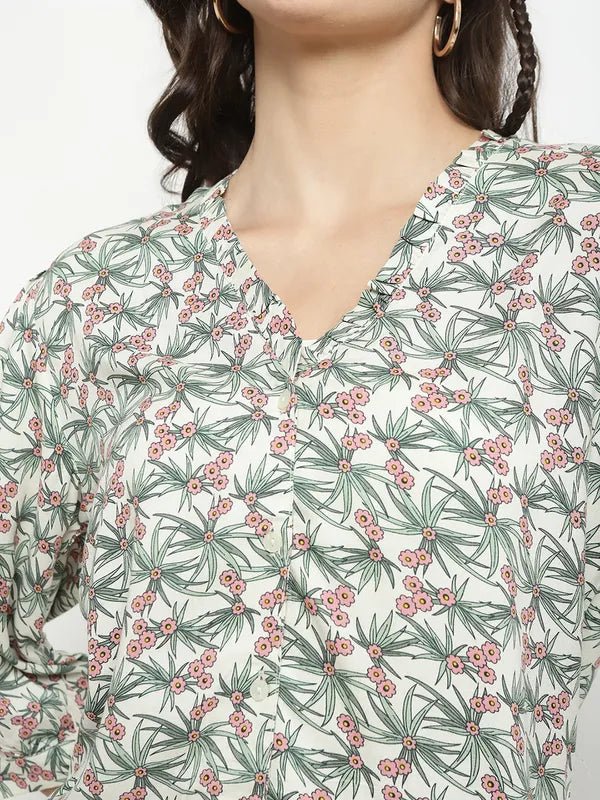 Mettle Floral Printed Collarless Long Sleeves Cotton Casual Shirt