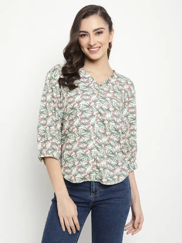 Mettle Floral Printed Collarless Long Sleeves Cotton Casual Shirt