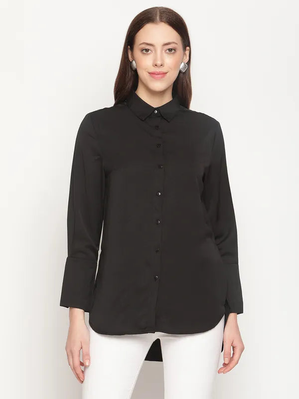 Mettle Plus Size Women Black Solid Cotton Casual Shirt