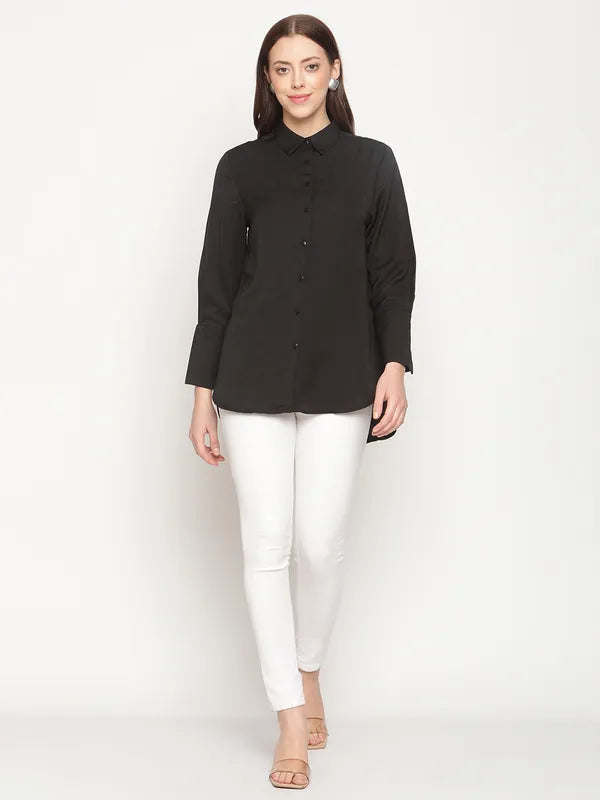 Mettle Plus Size Women Black Solid Cotton Casual Shirt