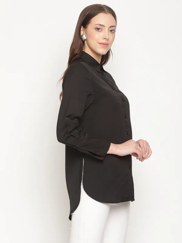 Mettle Plus Size Women Black Solid Cotton Casual Shirt