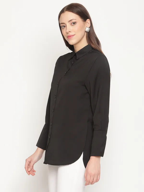 Mettle Plus Size Women Black Solid Cotton Casual Shirt