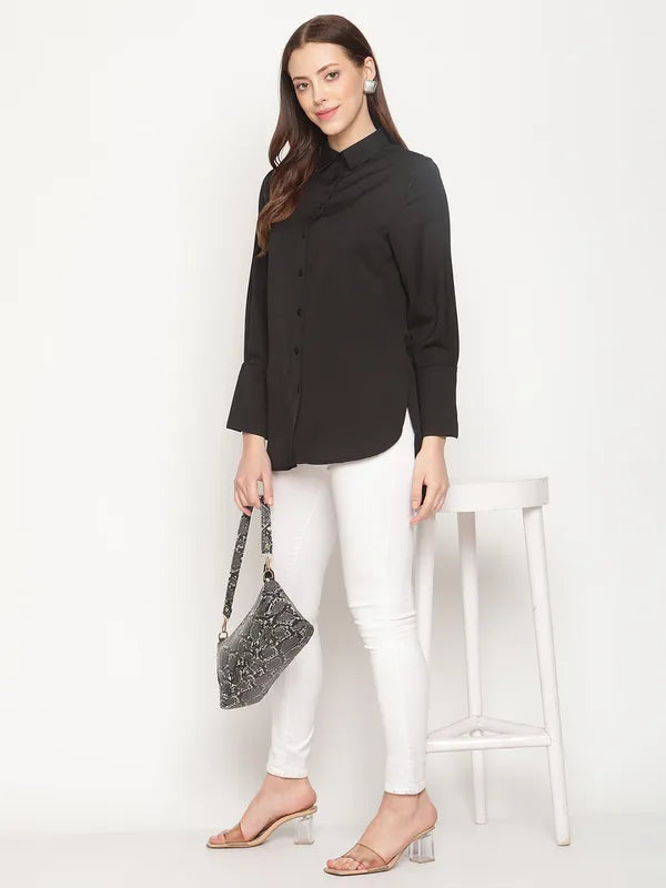 Mettle Plus Size Women Black Solid Cotton Casual Shirt