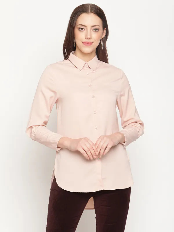 Mettle Women Peach Solid Cotton Casual Shirt