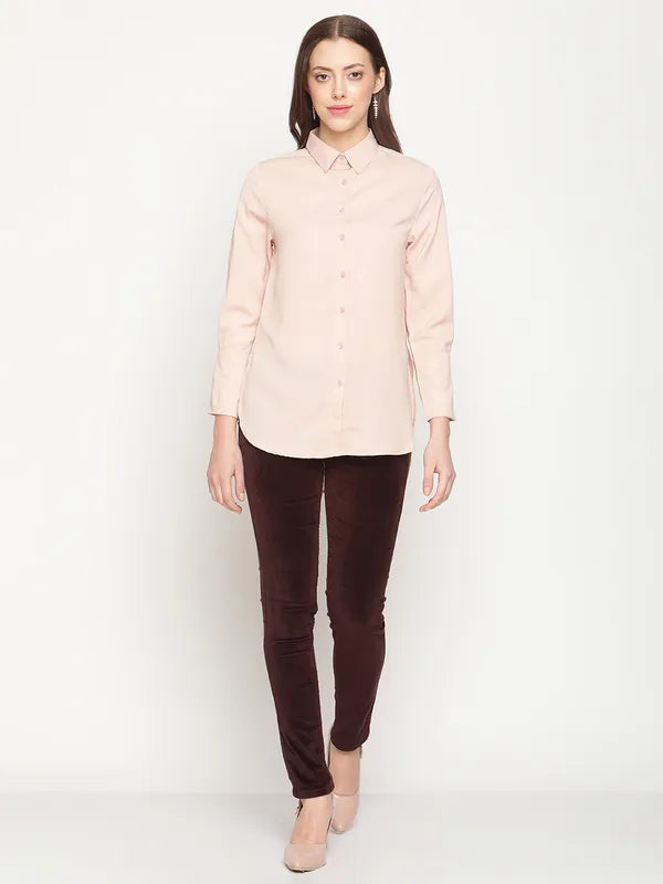 Mettle Women Peach Solid Cotton Casual Shirt