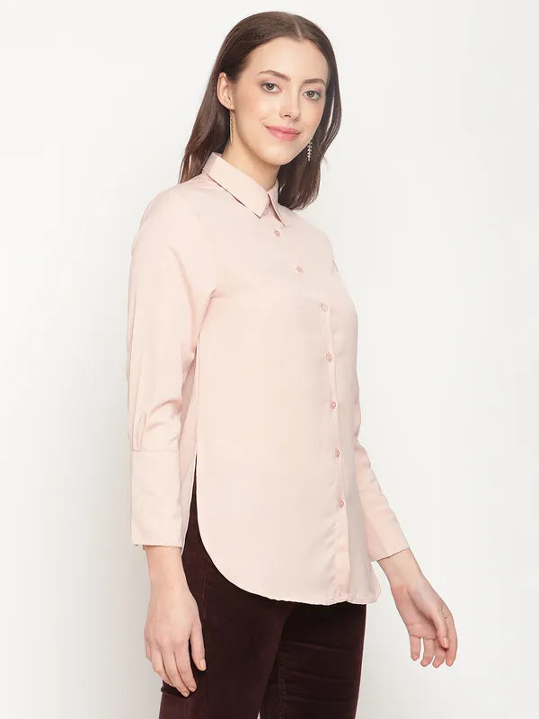 Mettle Women Peach Solid Cotton Casual Shirt