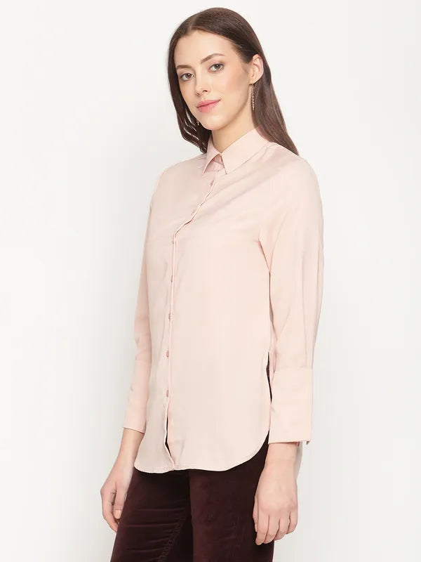 Mettle Women Peach Solid Cotton Casual Shirt